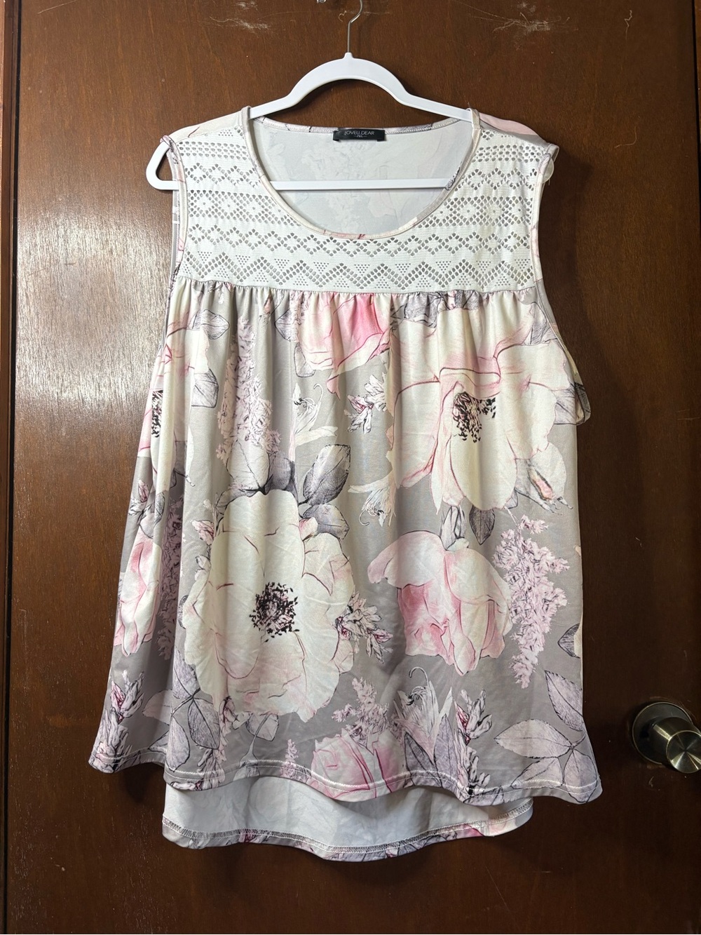 Floral Lace Yoke Sleeveless Top - Blush Pink & Gray
